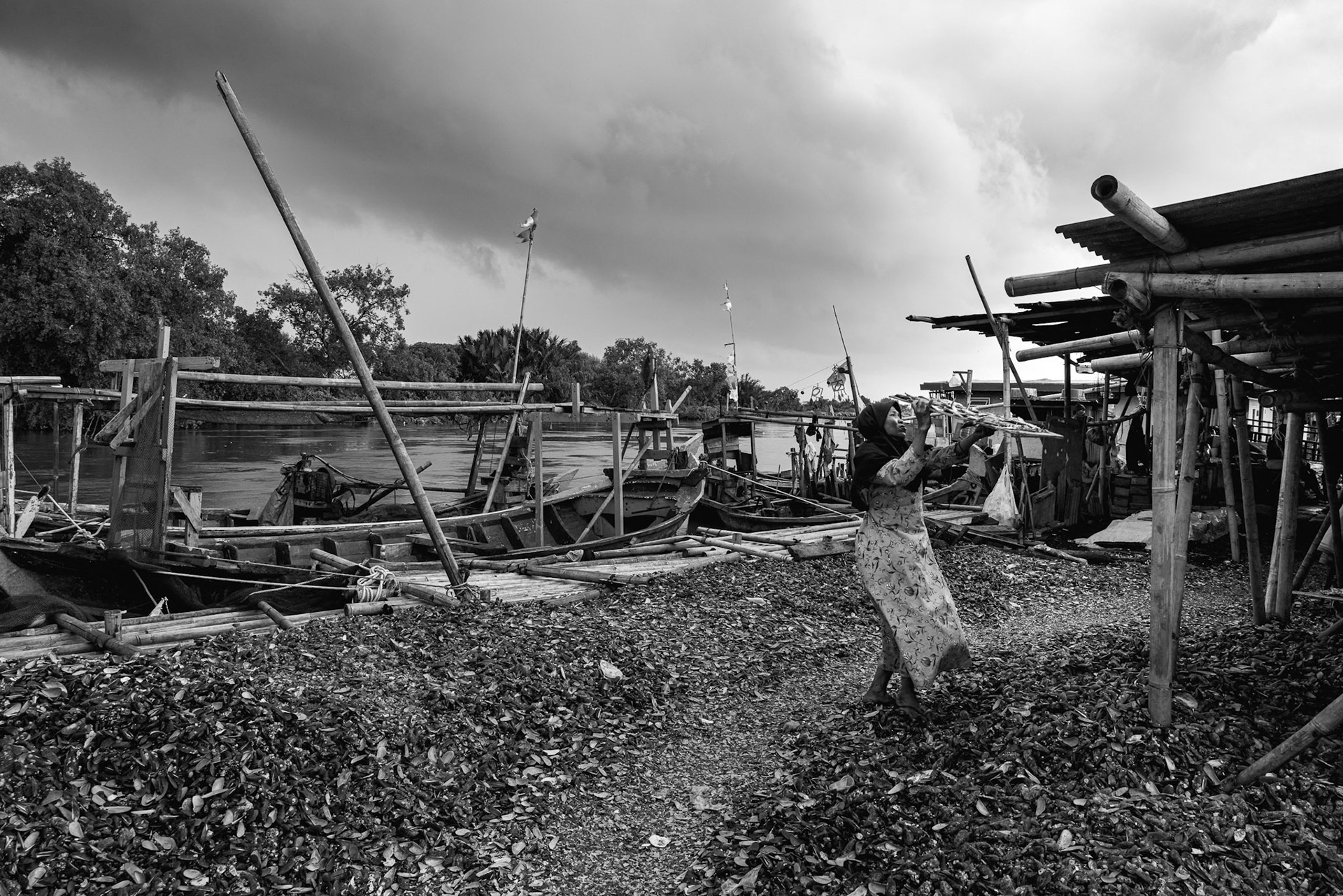 In the fisherman’s settlements of Muara Angke, discarded shells are repurposed as literal ground. This organic "pavement" is a constant, manual effort to level a soil that is perpetually sinking beneath their feet. Jakarta, January 2026