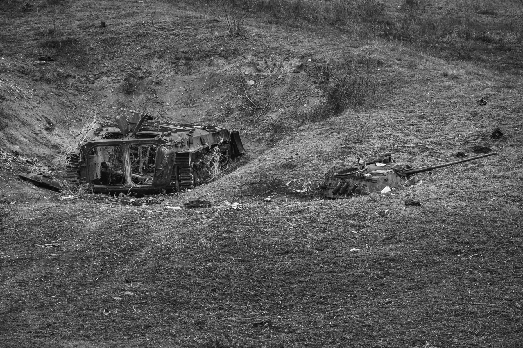 Remains of an Armenian tank taken out by an attack drone. Northern frontline, Maghavuz in Martakert region, Nagorno-Karabakh, December 2020