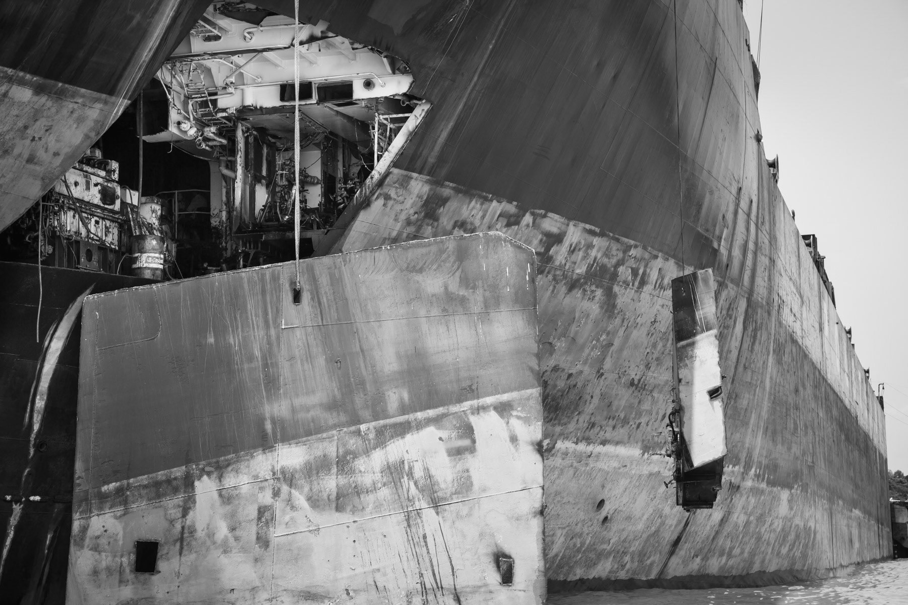 Genrators, engines and fuel are usually first extracted before the ship is cut in parts. During this breaking up stage a lot of oil, fuel and other toxic waste finds it way on the over polluted beaches and sea. Bhatiary ship breaking yards, Bangladesh, June 2015