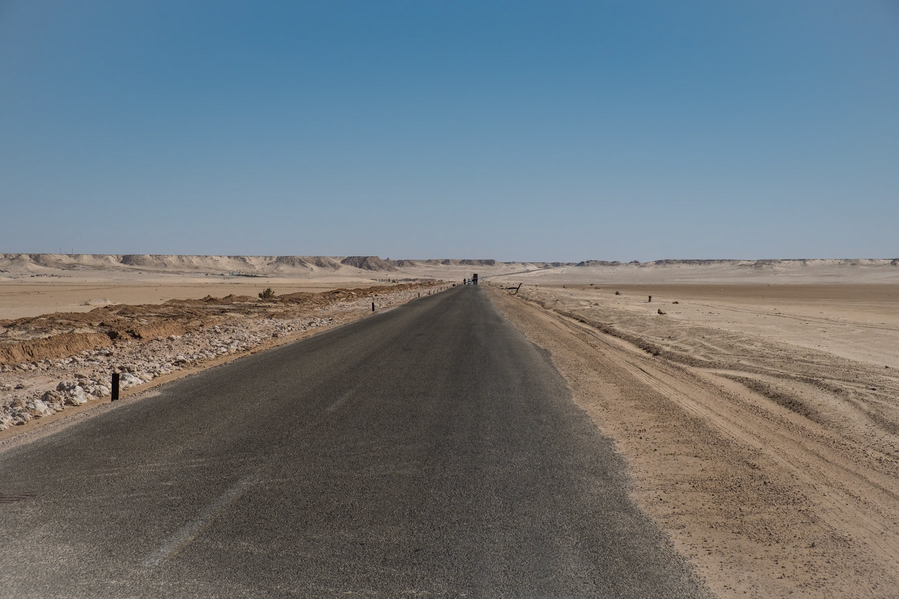 The road connecting the mainland with the Dakhla peninsula, Western Sahara, December 2018