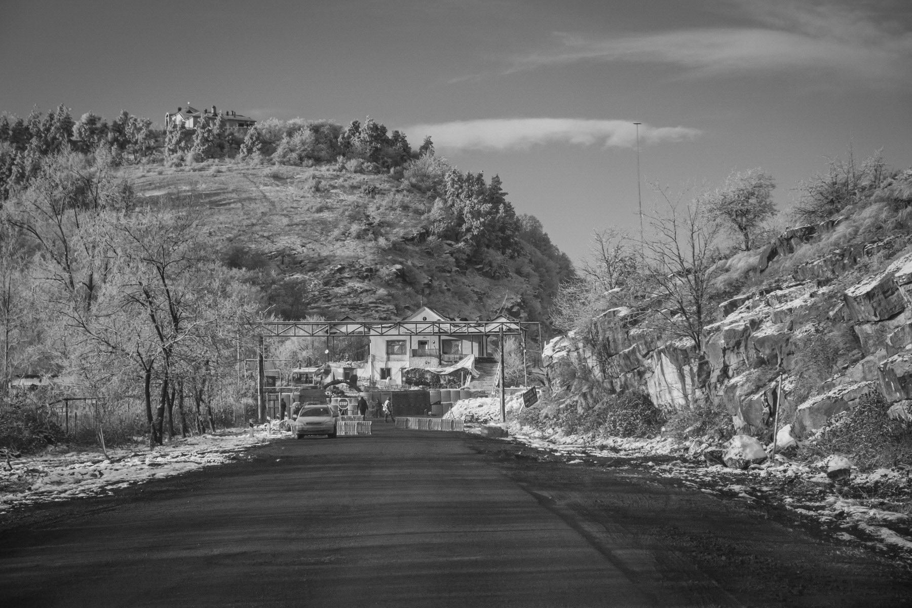 The town of Shushi was captured by the Azerbaijani armed forces on 7-9 November 2020. Russian peacekeeping forces have set up checkpoints at the gates of the city to ensure that Armenian passengers and cars can pass as the only road between Stepanakert and Armenia passes through Shushi. There are [Russian] plans to build a bye pass road to avoid Shushi in the future. Shushi, Nagorno-Karabakh, December 2020