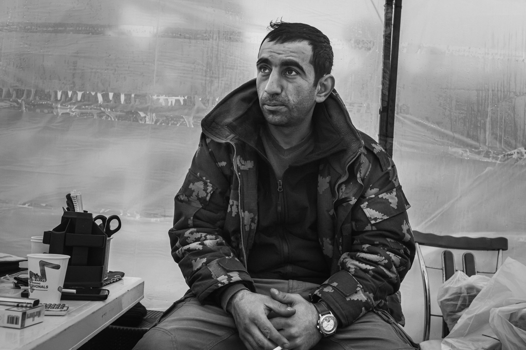 Gavor has been displaced from Hadrut, he is volunteering supporting displaced families finding accomodation in Stepanakert. It has become almost impossible to find accomodation in Stepanakert and beyond as people from Shushi and Hadrut region are now looking for space in Stepanakert. Also displaced persons that originally fled to Yerevan, the Armenian capital, are now also returning to Nagorno-Karabakh. Stepanakert, Karabakh, December 2020