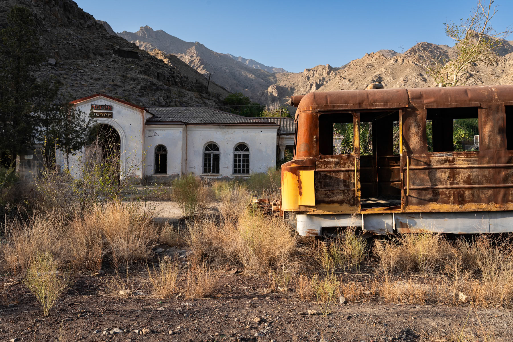 The old Meghri train station, used in the Soviet era to connect Yerevan, Nakhchivan, Nagorno-Karabakh, and Baku via this railway corridor in southern Syunik. Meghri, Syunik, Armenia, September 2025