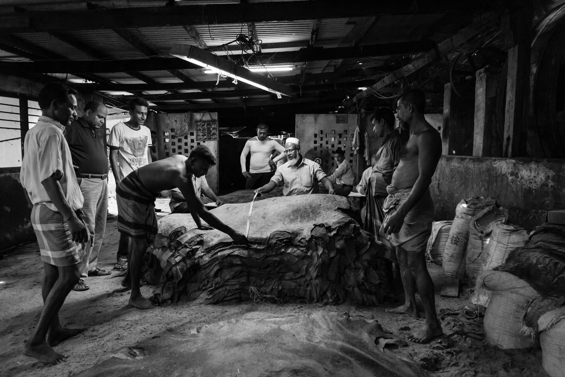 Measuring cow skin before buying, Chittagong tannery, Bangladesh, May 2015