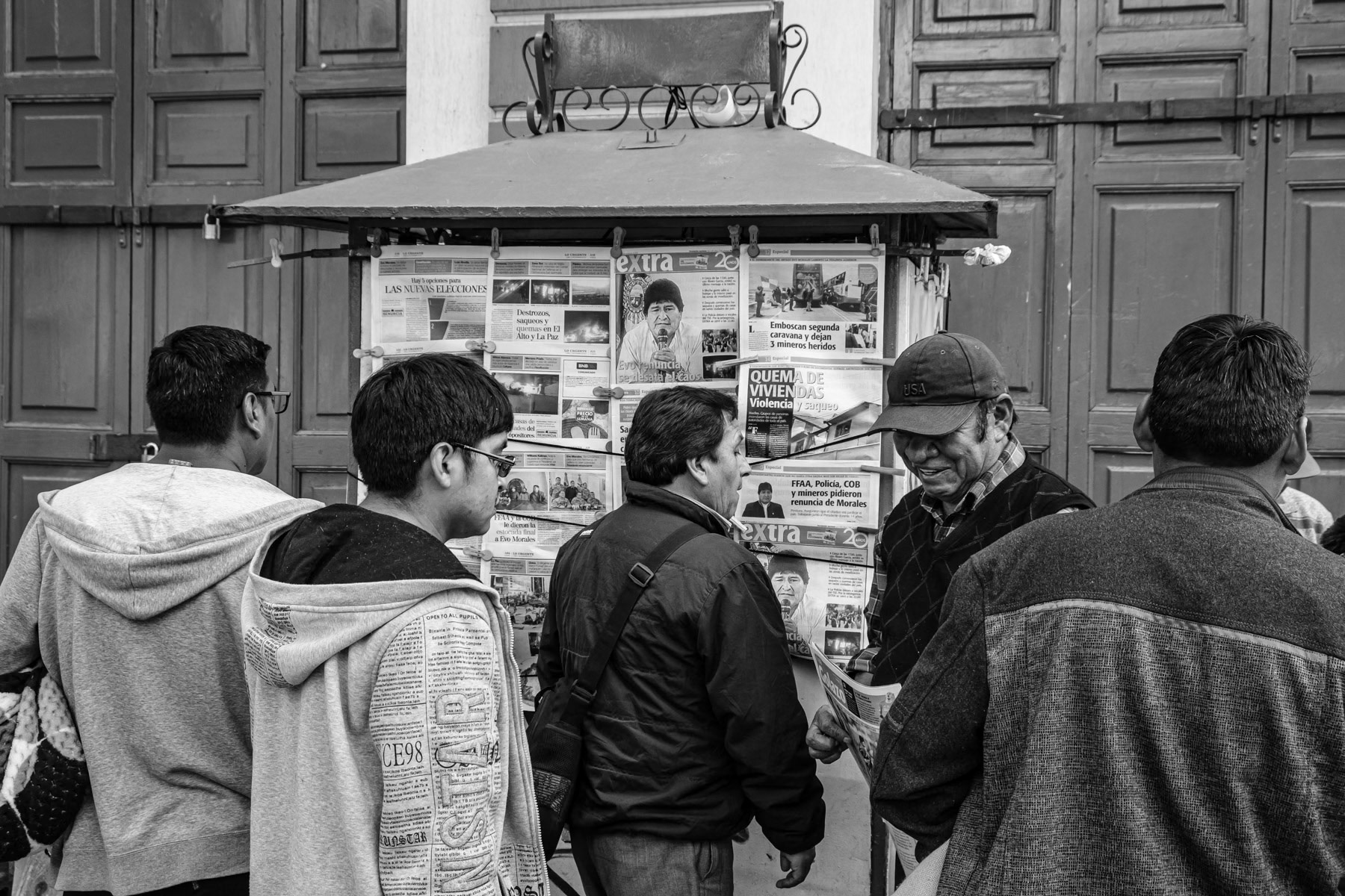 Newspaper headlines the day after the elected President Evo Morales fled the country. La Paz, Bolivia, November 2019