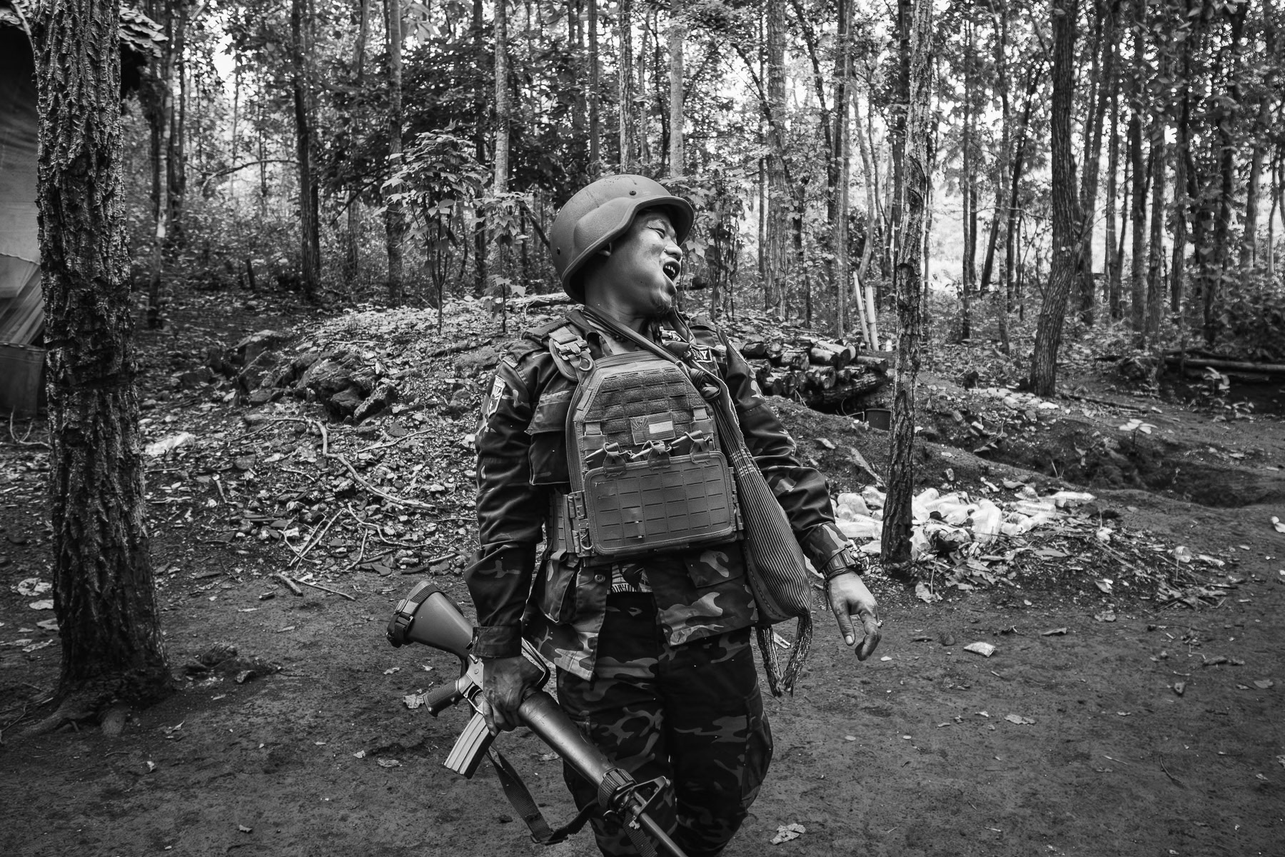 KNLA soldiers getting ready to go to the frontline. Kanele zone, Karen State, Myanmar, June 2025