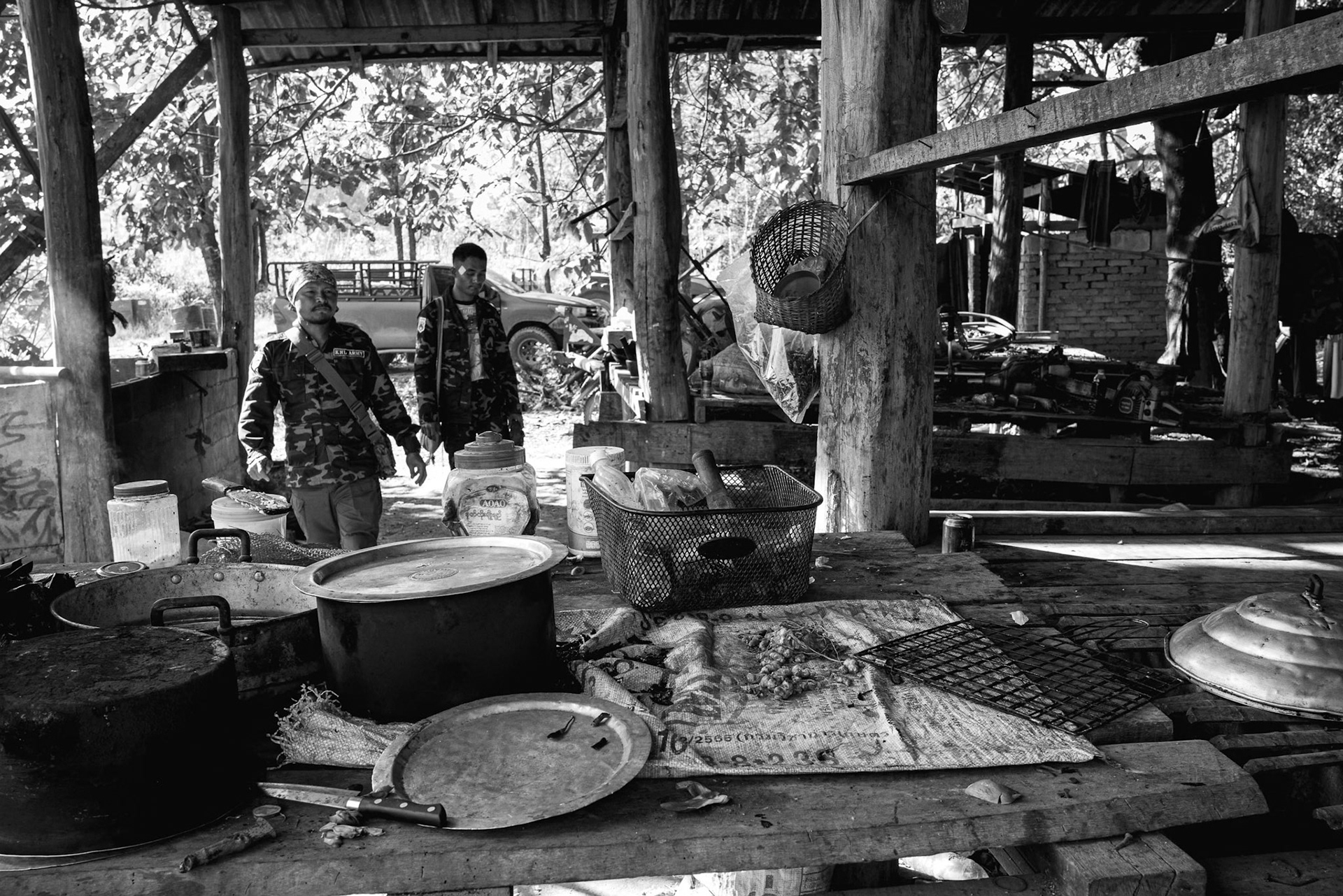 At a KNLA outpost in Myawaddi Township, soldiers maintain a minimalist camp. Because the Myanmar military frequently targets fixed positions with airstrikes and artillery, these units remain highly mobile to survive. Kayin State, Myanmar, January 2026