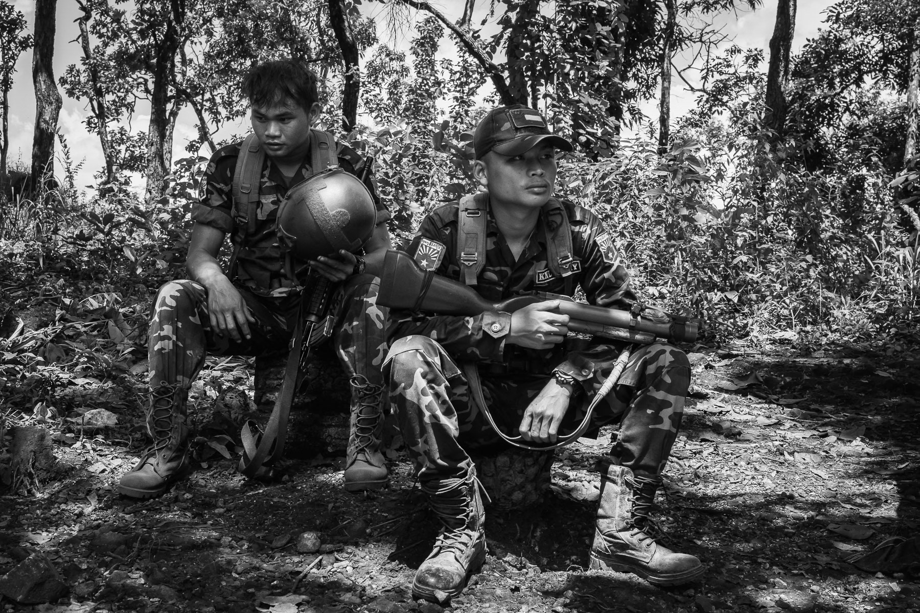 Karen National Liberation Army (KNLA) soldiers at the frontline. KNLA outpost in Kayin State, Myanmar, September 2024