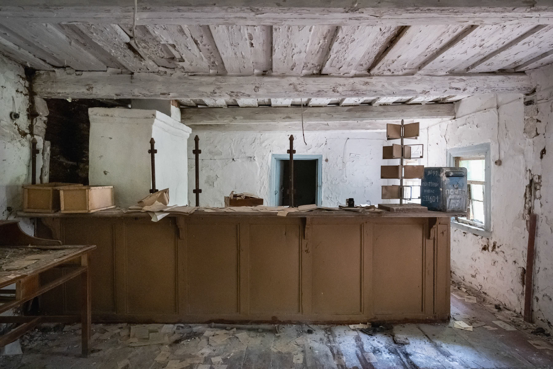 Bank counter in an evacuated and abandonned village of the Chernobyl exclusion zone. The village is in a highly contaminated area where no people are allowed to live, not even self settlers originally from the village. Krasno, Ukraine, September 2021