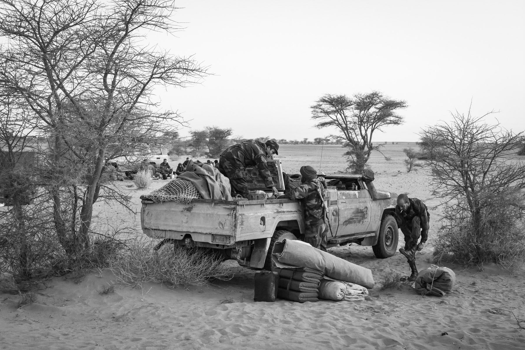 Sahrawi soldiers breaking up their mobile camp in a military active zone of the 2nd military region of the liberated territories of the Sahrawi Arab Democratic Republic (SADR). Frontline area near Mahbez, Western Sahara, October 2021