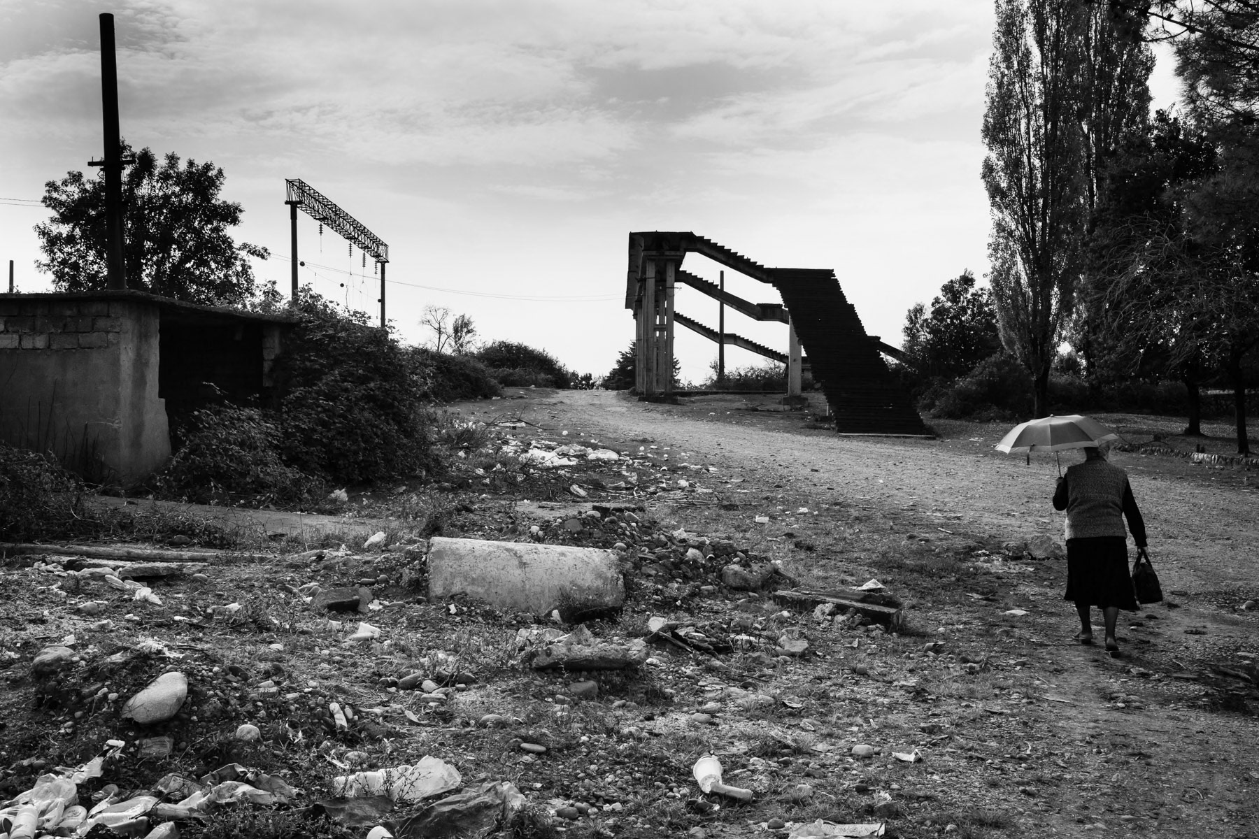 Outskirts of Gali. The railway line between Georgia and Abkhazia, discontinued since the war in the beginning of the nineties, Abkhazia, October 2013