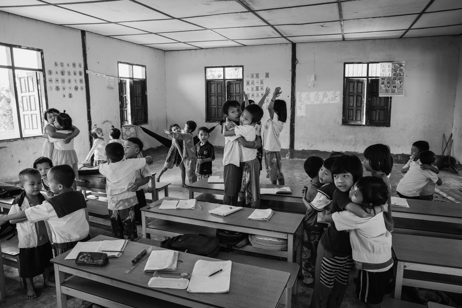 Karen children during school activities in Lae Gho village in Karen State, Myanmar, January 2024