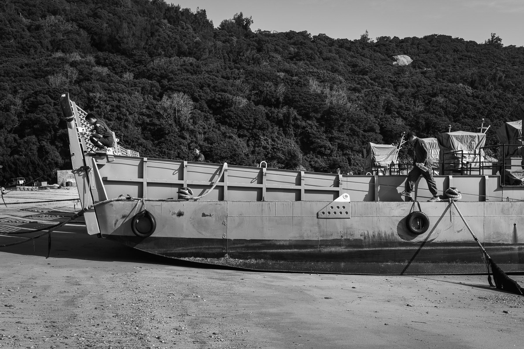 Landing craft stand poised on the beach, a testament to Matsu's constant state of military preparedness. Fuwo beach, Matsu Islands, Taiwan, May 2025
