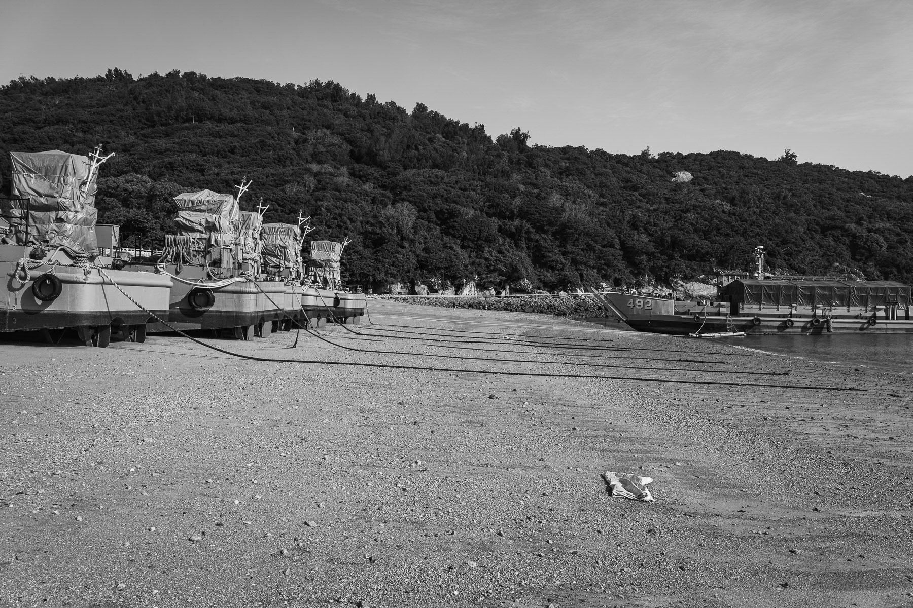 Landing craft stand poised on the beach, a testament to Matsu's constant state of military preparedness. Fuwo beach, Matsu Islands, Taiwan, May 2025