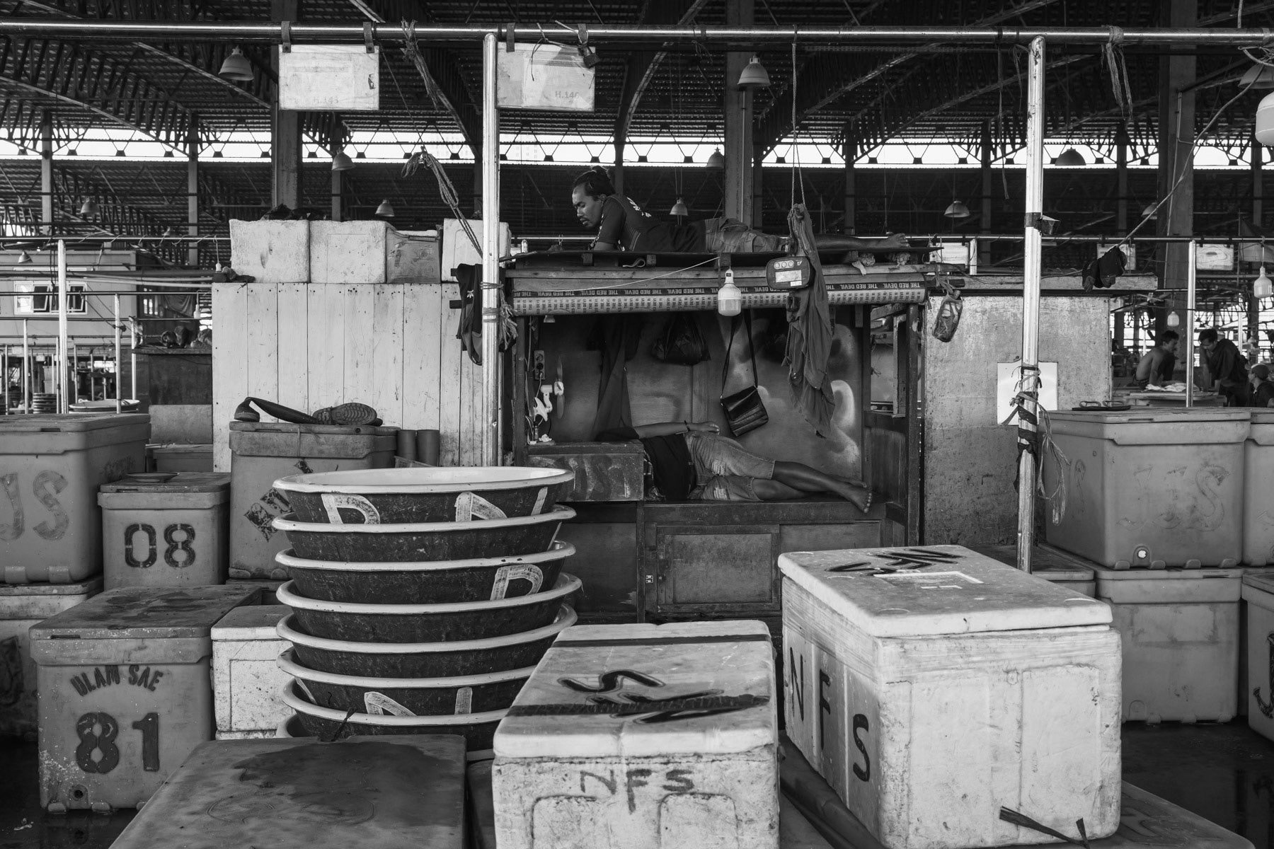 Fishmarket of Muara Angke. Fishermen have been affected by evictions and depleted fish reserves due to extensive real estate development projects and the construction of artificial islands in the Bay of Jakarta. Muara Angke, Jakarta, Indonesia, June 2022