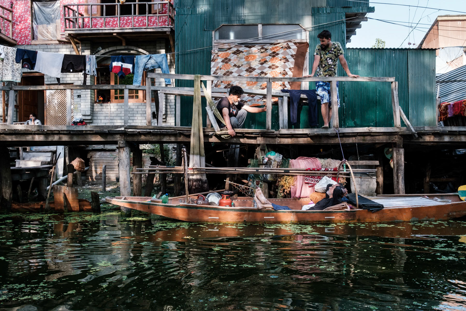 Neighbourhood of Srinagar tangled in the back waters of Lake Dal, Srinagar, Jammu and Kashmir, India, September 2023
