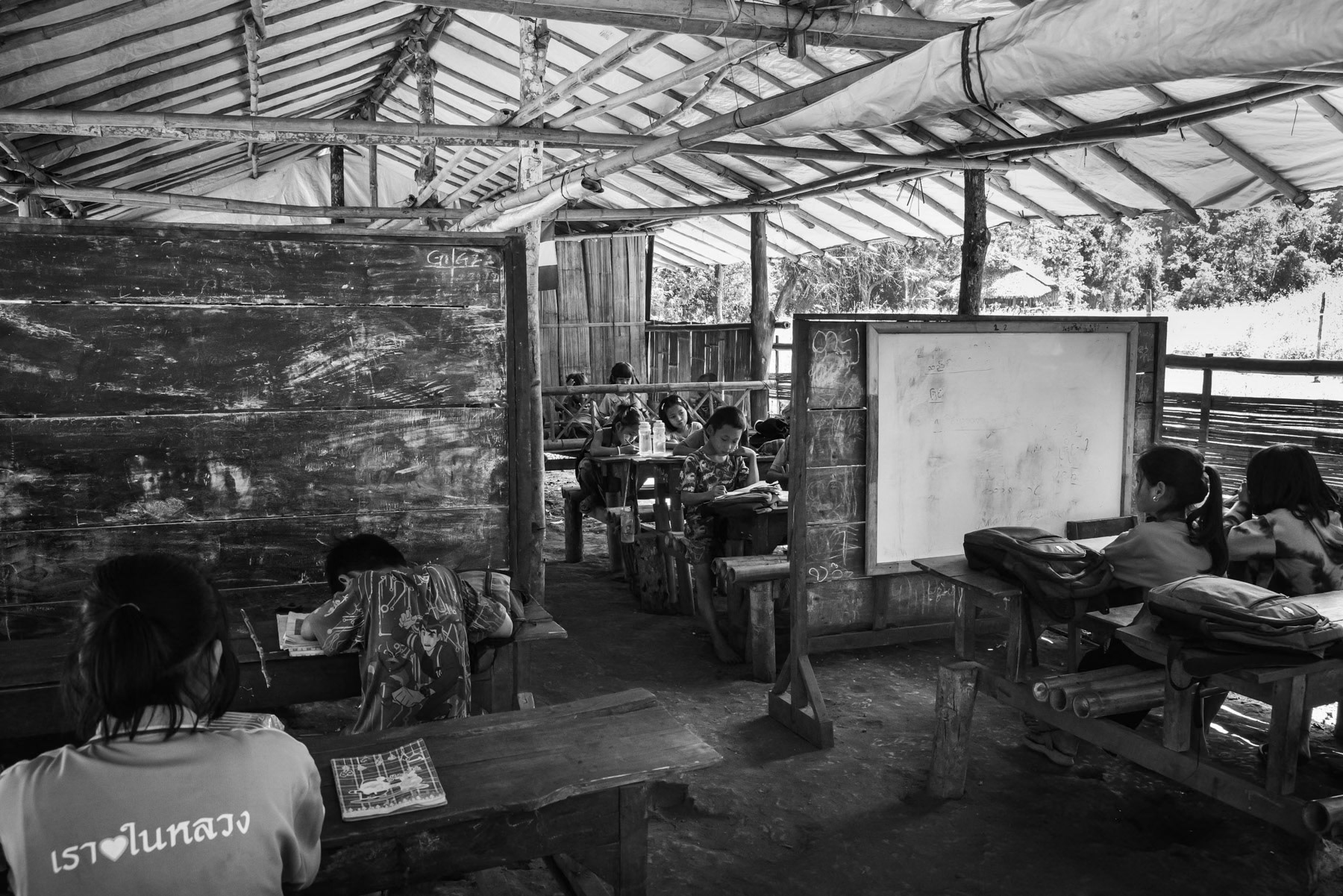 Temporary school in an IDP camp. Kanele Htaw Camp, Kayin State, Myanmar, January 2024