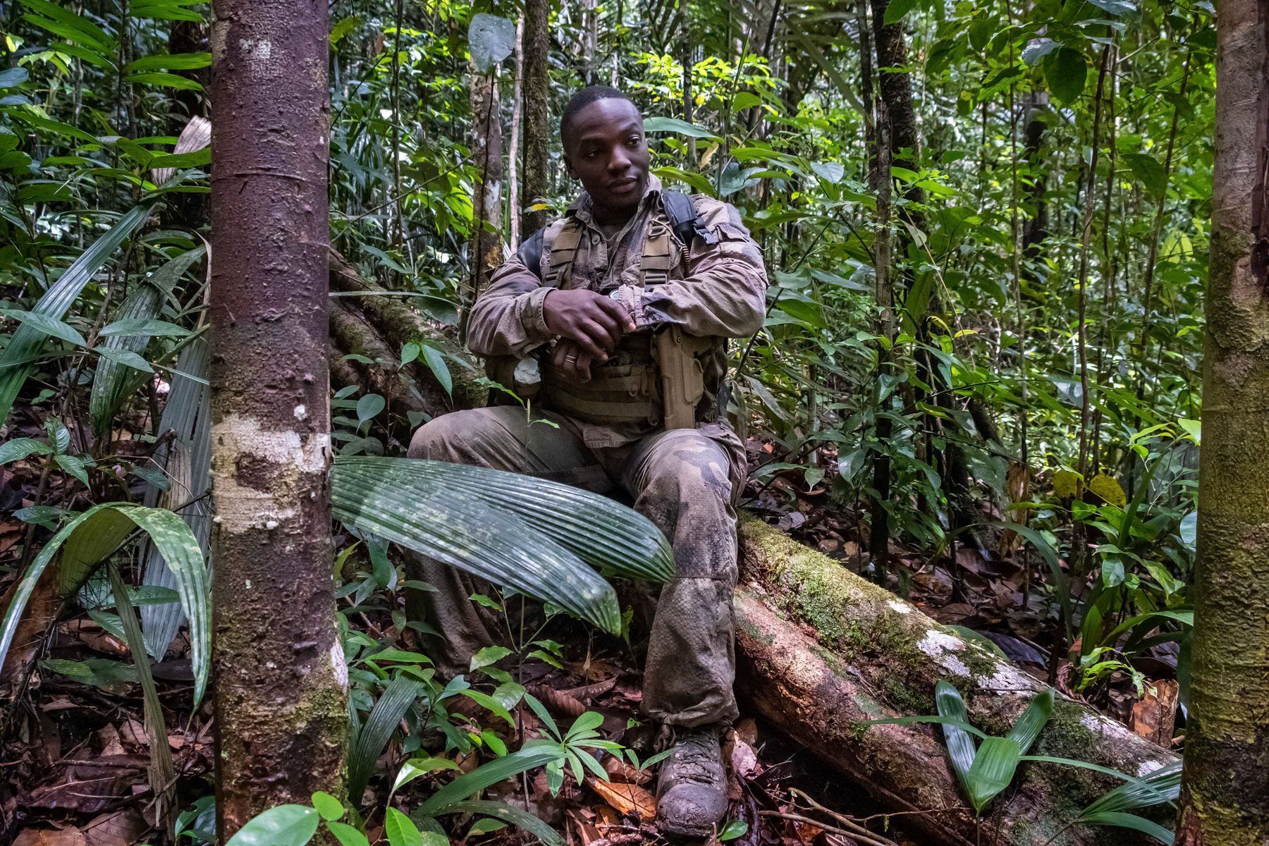 A French military part of 'Opération Harpie', established to fight illigal gold mining in French Guyana. Abandonned site of an illigal mining operation in the Amazon along the Surinam border. Maroni, French Guyana, March 2022