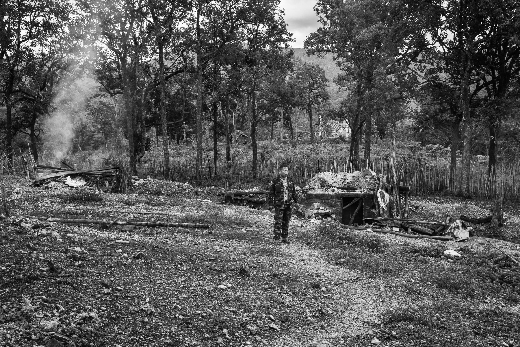 The visible destruction and lingering smoke three days after the KNLA took the Kanele base on May 28, 2025, show the intensity of the fighting. Karen State, Myanmar