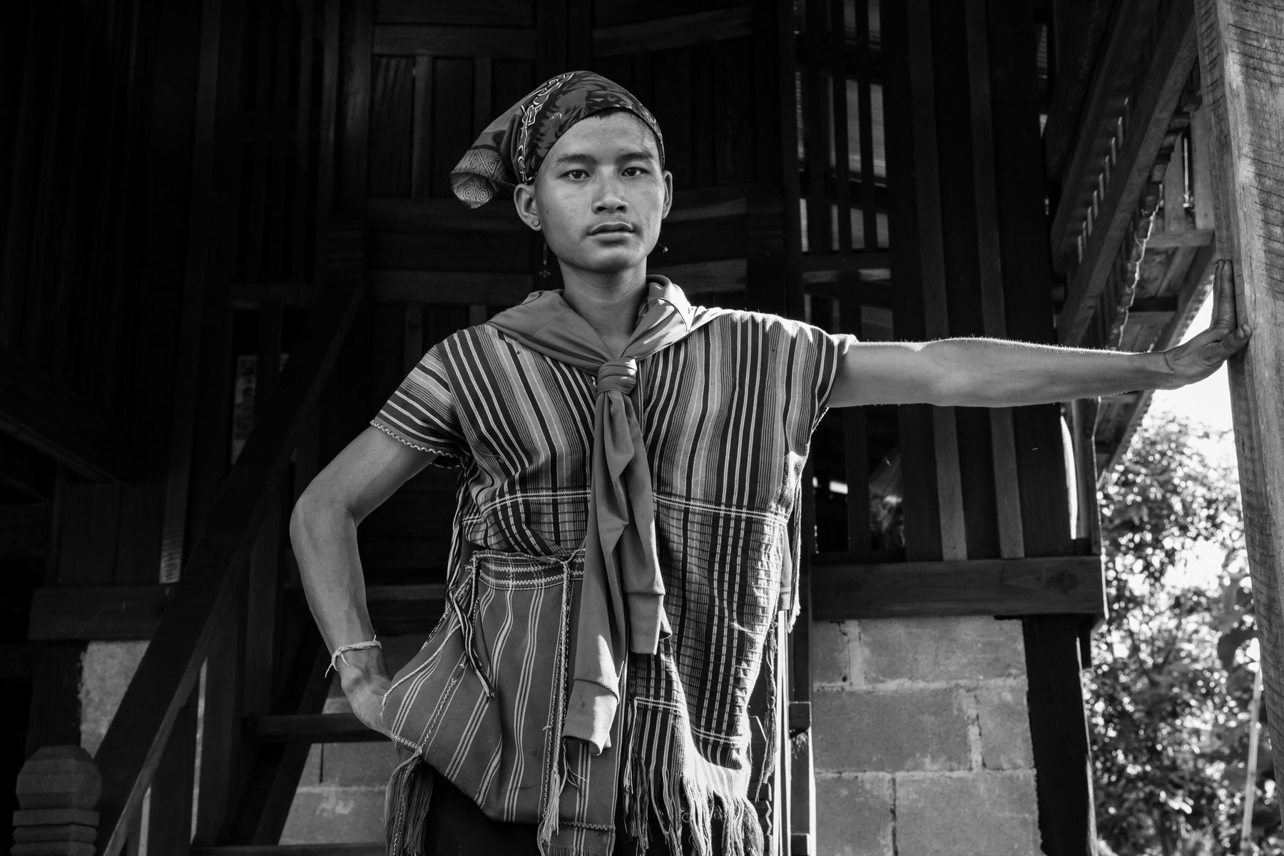 A Karen resident of Tar Law Saw village in traditional dress. Hlaing Bwe township, Hpa An Province in Kayin State, Myanmar, November 2018