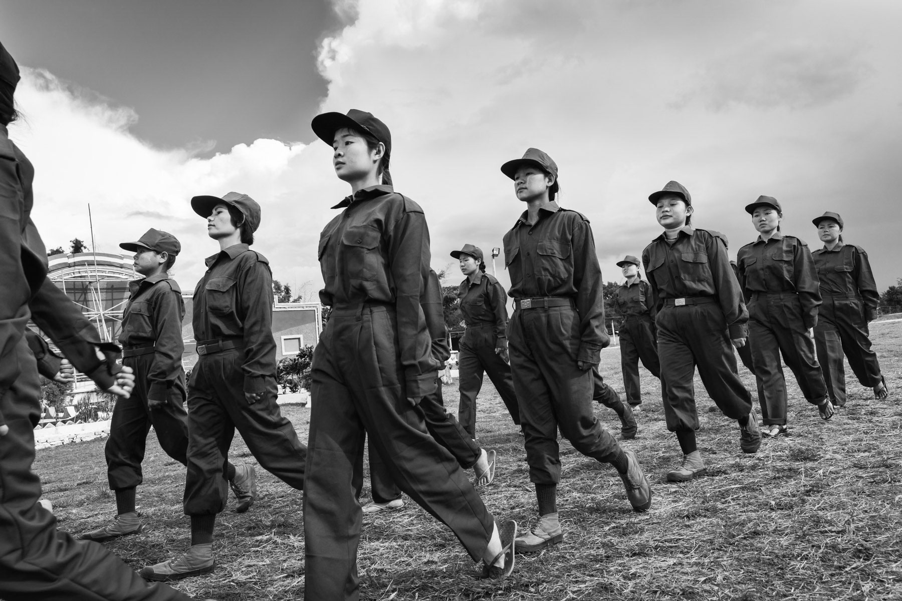 Women recruits following a military training with a focus on medical aid and nursing. Democratic Karen Buddhist Army (DKBA) training center, Myanmar, November 2018