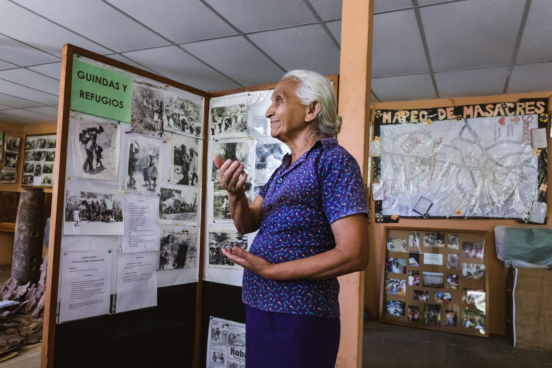 Tomasa Lopez from Arcatao witnessed when in 1980 the town and surrounding villages were attacked by government military forces and villagers including children would be randomly executed and hung from trees. Her mother and sister were killed, she fled while being pregnant with her 2 nieces and 2 nephews to the mountains and joined the resistence Farabundo Marti National Liberation Front (FMLN). In 1982 her nieces and nephews were abducted by the military and she lost all track. They were eventually tracked by Pro Busquera, an organisation searching relentlessly for dissapeared children during the civil war, in Spain, France and the US in 1996. They had been sold and adopted through a well established system during the war operated by government military forces and groups in the US and Europe. They have since been reunited at several occasions but not yet in El Salvador. Museum in memory of the victims of the massacres in the region of Arcatao and Sumpul, Chalatenango, El Salvador, April 2019