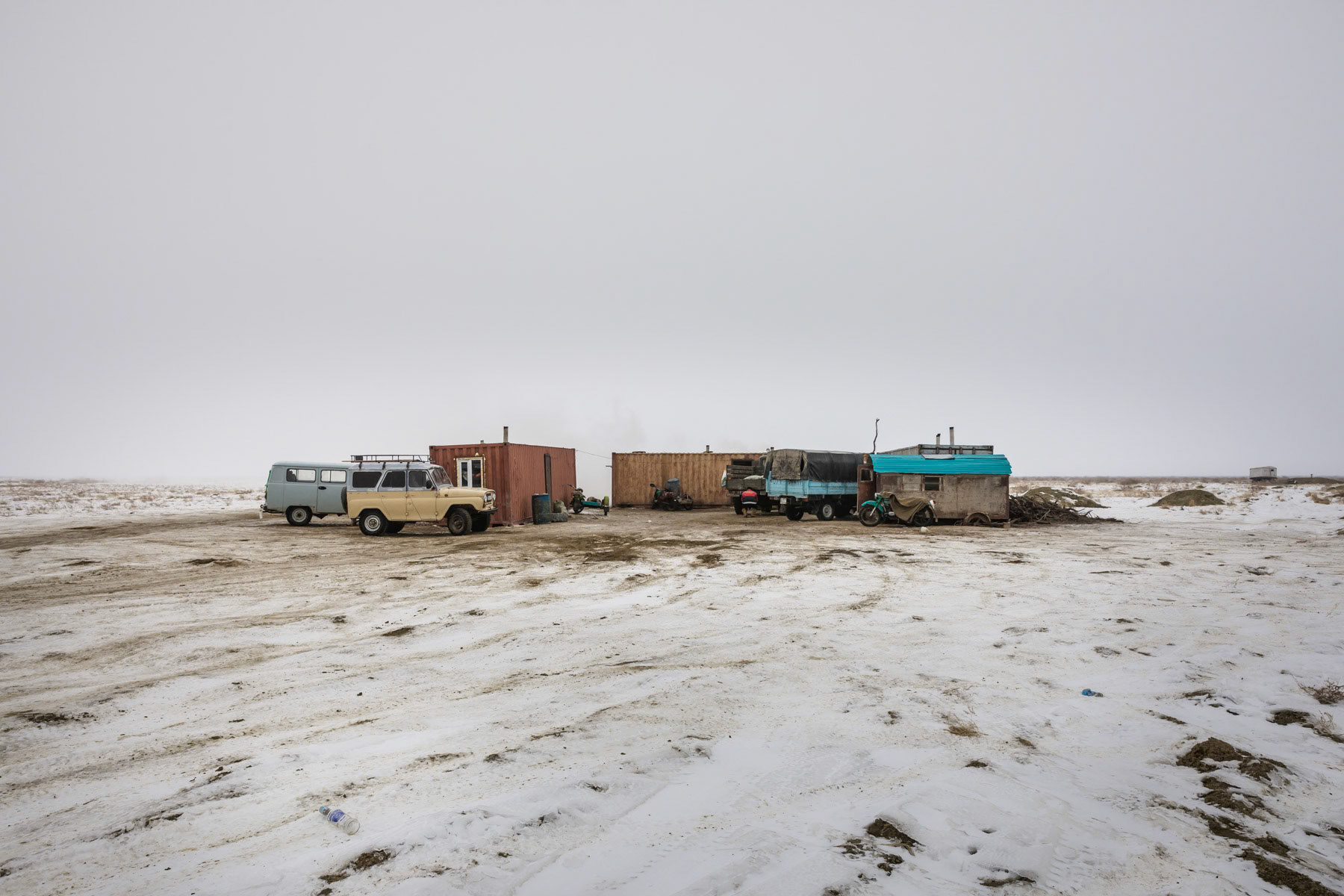 A fishermen base camp on the Aral Sea. Fishermen from surrounding villages and further away would come here and stay for about 3 month to do ice fishing on the Sea. Kazakhstan, January 2019