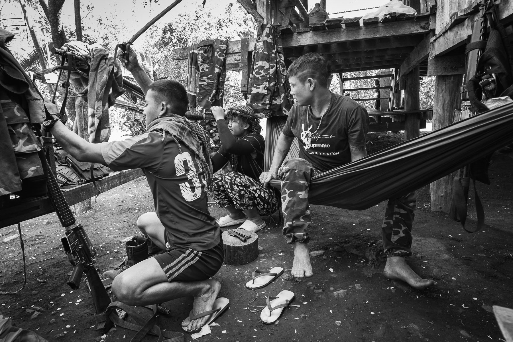 Freedom fighters from the Karen National Liberation Army, Brigade 6, Pa Nwe Poe Klo village in Karen State, Myanmar. January 2025