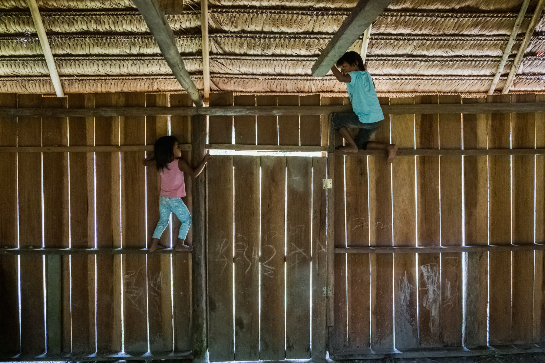 Children of the indigenous Muruwi tribe playing in one of the traditional dwellings. Pocama, Leticia, Amazonas, Colombia, April 2022