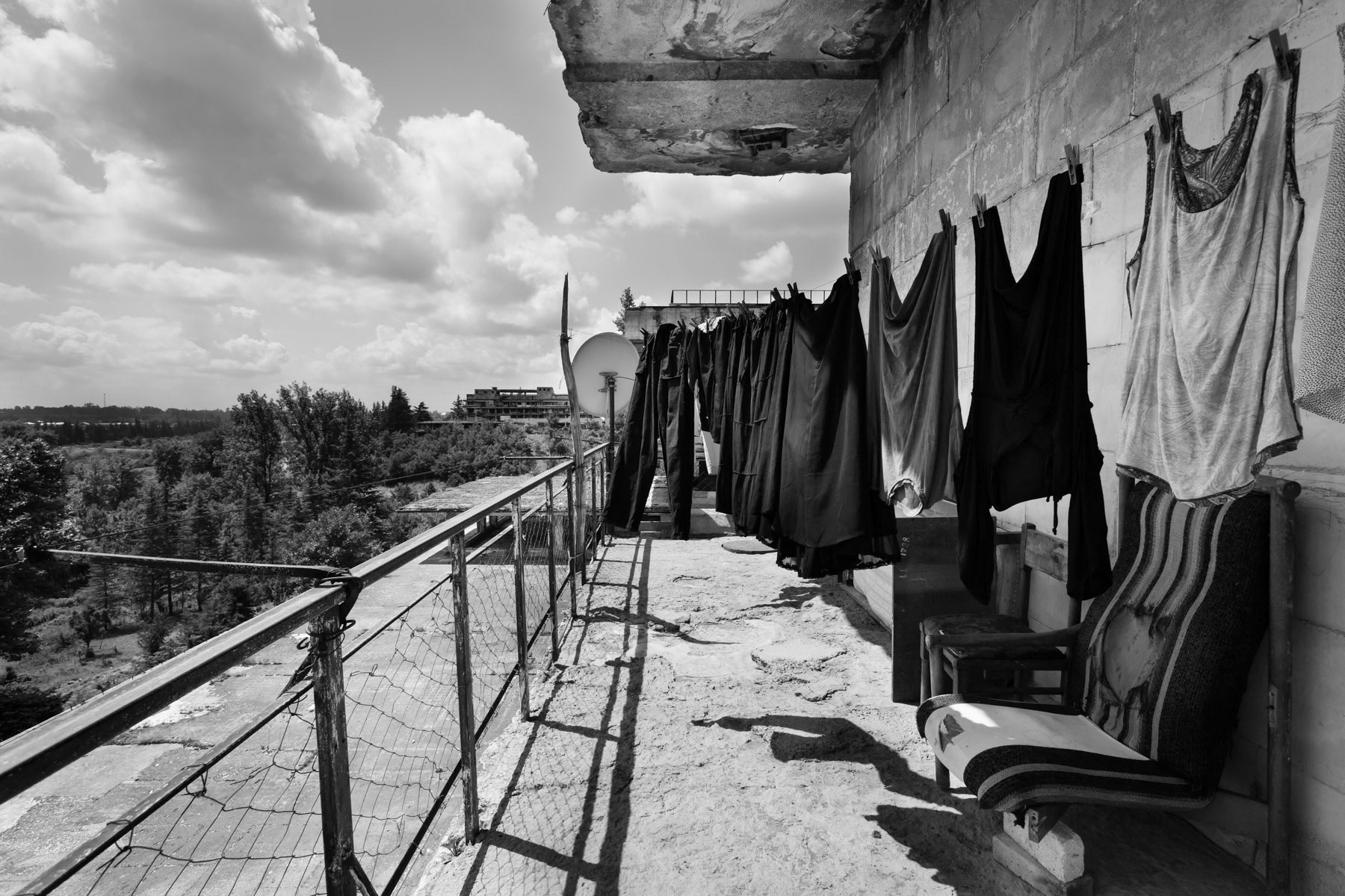 Balcony of a once luxury spa complext during the Soviet times, for the past 20 years used as a collective centre for IDP's, Imereti region in Georgia, July 2014