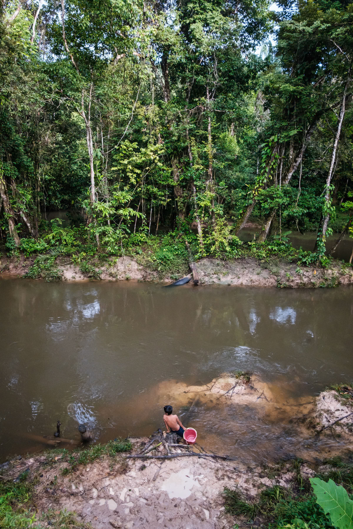 Indigenous child fetching drinking water in the Tacana river, an affluent of the Amazon river. A remote indigenous community in the Amazon in southern Colombia, April 2022