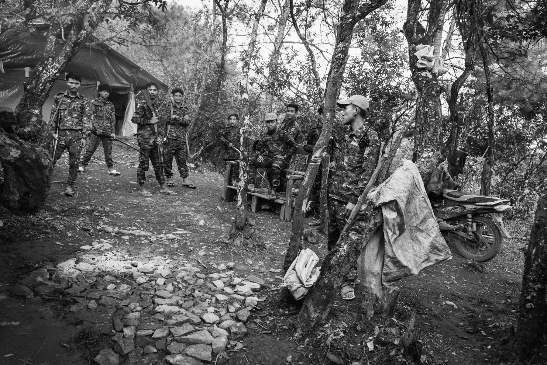 Chin Defence Force (CDF) unit in an advanced mountain camp controlling access roads to the region. Lautu region, Chin State, Burma, September 2022