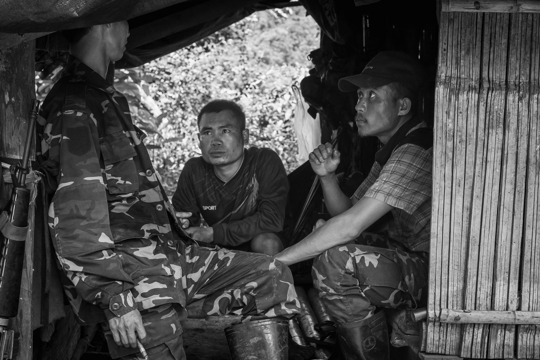 Karen National Liberation Army (KNLA) soldiers at their barracks. KNLA outpost in Kayin State, Myanmar, September 2024
