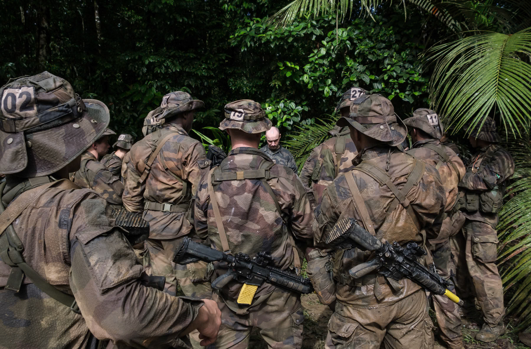 Regional military training camp in the Amazon organised for French and foreign allied military in jungle war fare. Many are Brazilian and Colombian and will be engaged in security operations across the Amazon against illigal gold mining and drug trafficking. Foreign Legion military camp, Regina, French Guyana, March 2022