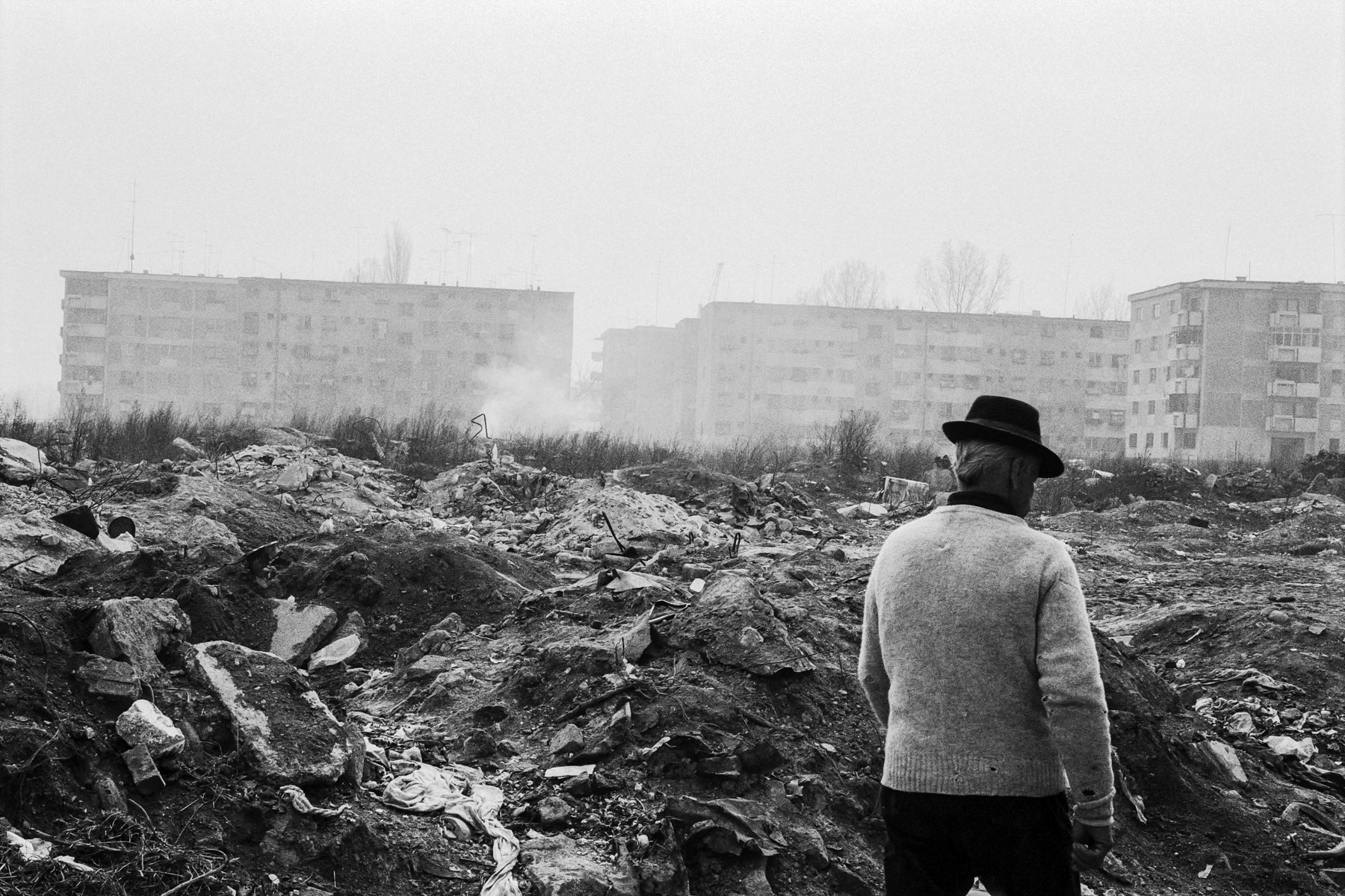 New apartment blocks in the suburbs, accomodating people displaced by the destruction of entire neighbourhoods in the city centre during the construction of the 'People's Palace', Bucharest, Romania, April 1991
