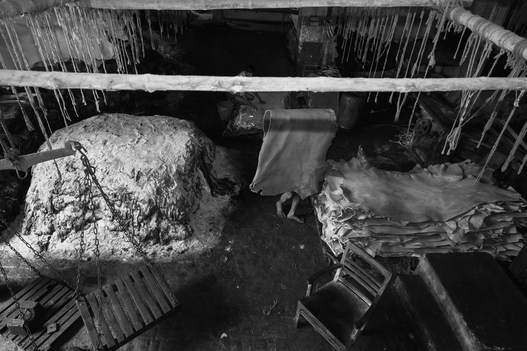 From lime and salt soaked skins to leather. Tannery in Hazaribagh, Dhaka, October 2014