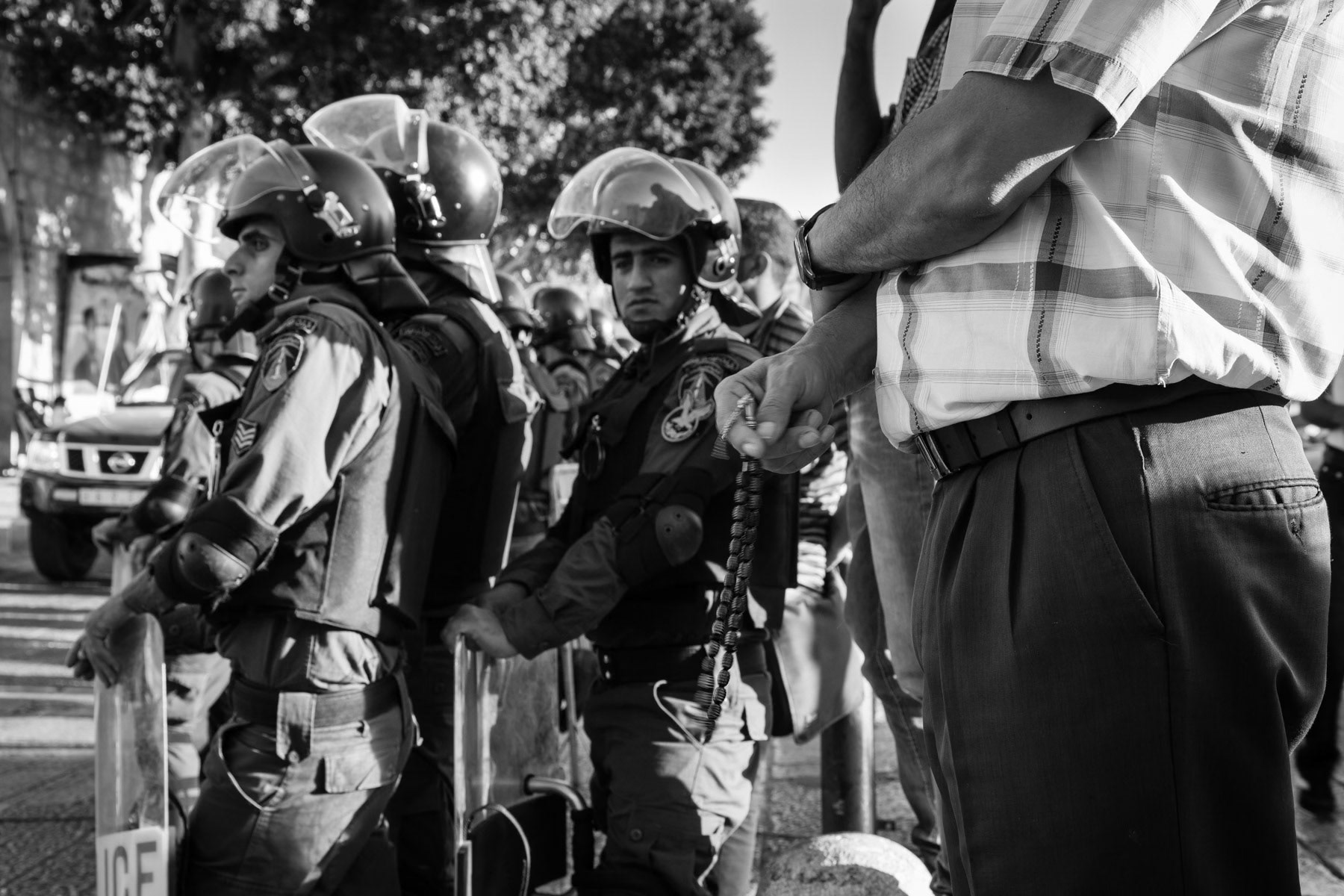 Palestinian anti-riot police during a visit of FC Barcelona soccer team at the Nativity Church in Bethlehem, August 2013