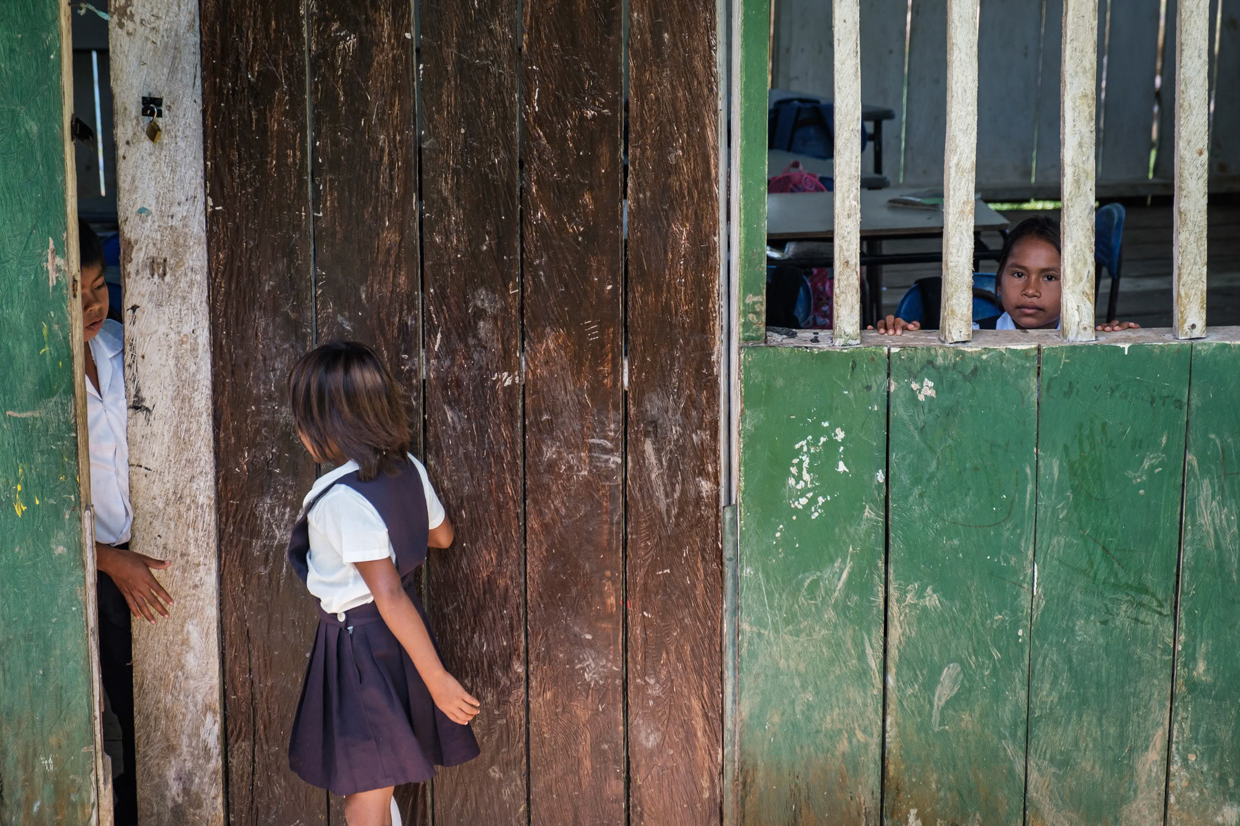School in the remote indigenous community of Santa Teresita. The remote amazonian communties of southern Colombia are only accessible by boat. Being without roads makes the logistics more challanging but saves these areas of exploitation as is experienced downstream the Amazon in Brazil. Amazonas, Puerto Nariño, Colombia, April 2022
