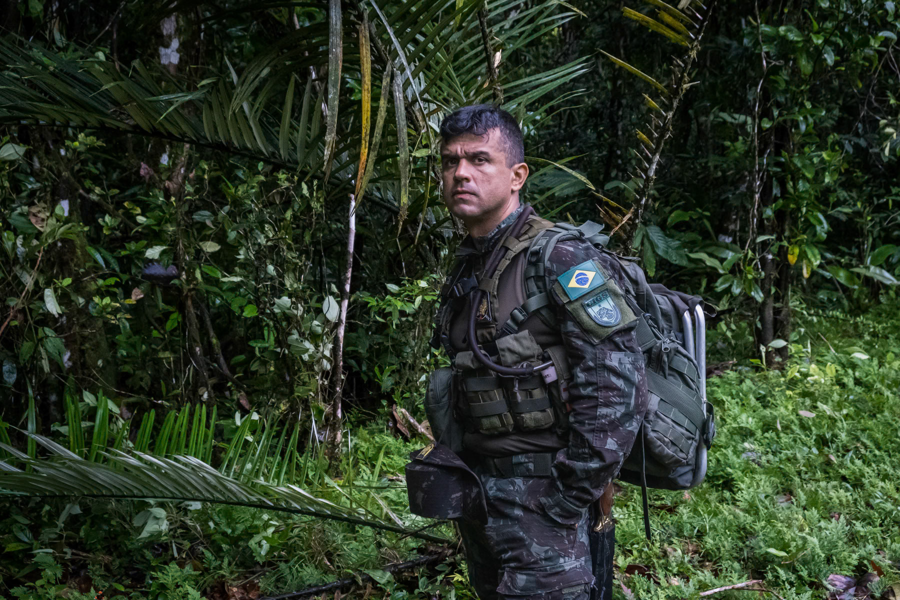 Brazilian officer participating in a regional military training camp in the Amazon organised for French and foreign allied military in jungle war fare. Many are Brazilian and Colombian and will be engaged in security operations across the Amazon against illigal gold mining and drug trafficking. Foreign Legion military camp, Regina, French Guyana, March 2022