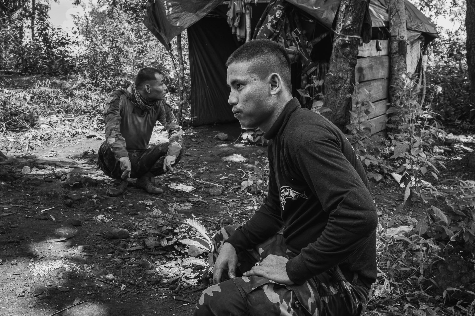 Karen National Liberation Army (KNLA) soldiers at a frontline. KNLA outpost in Kayin State, Myanmar, September 2024