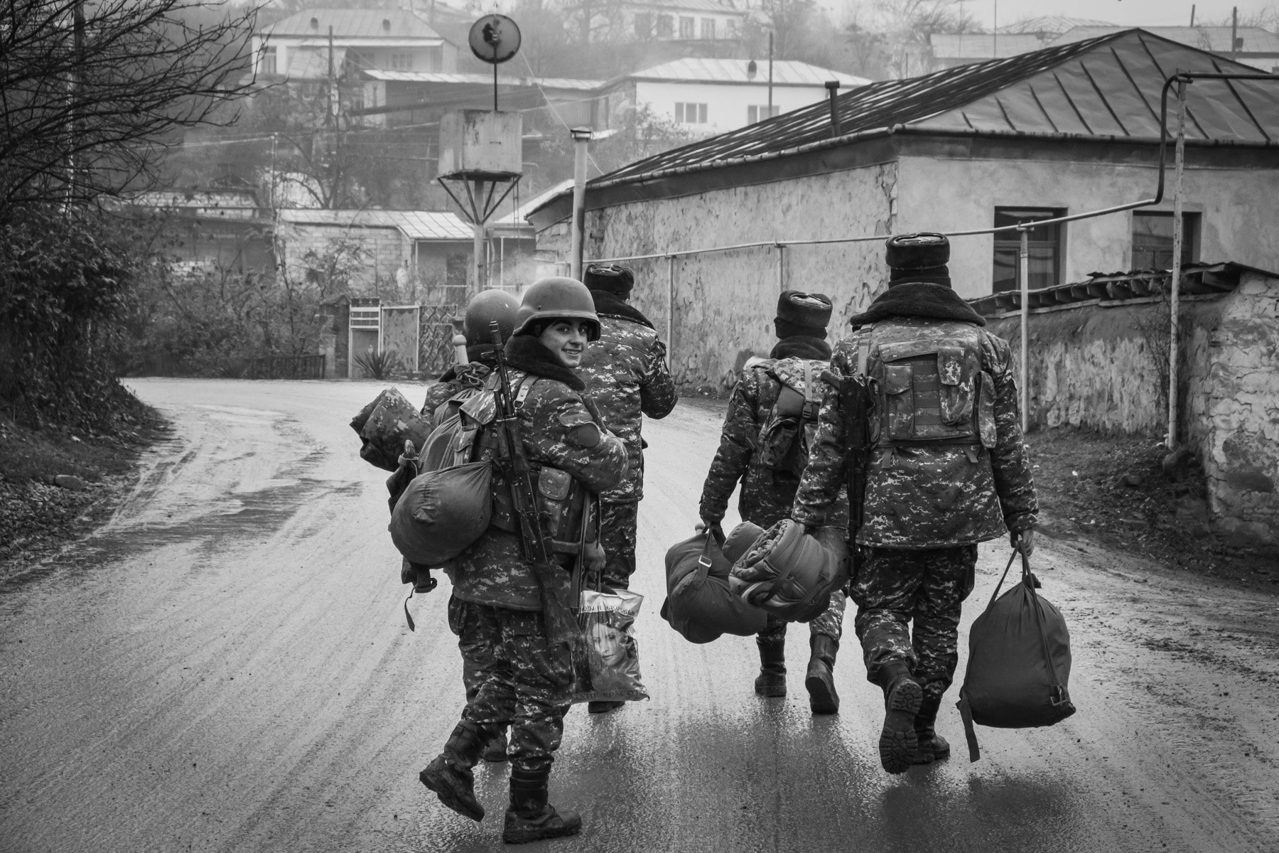 Armenian servicemen going out for their guard duty shift to the new frontlines nearby. Chartar town, Nagorno-Karabakh, December 2020