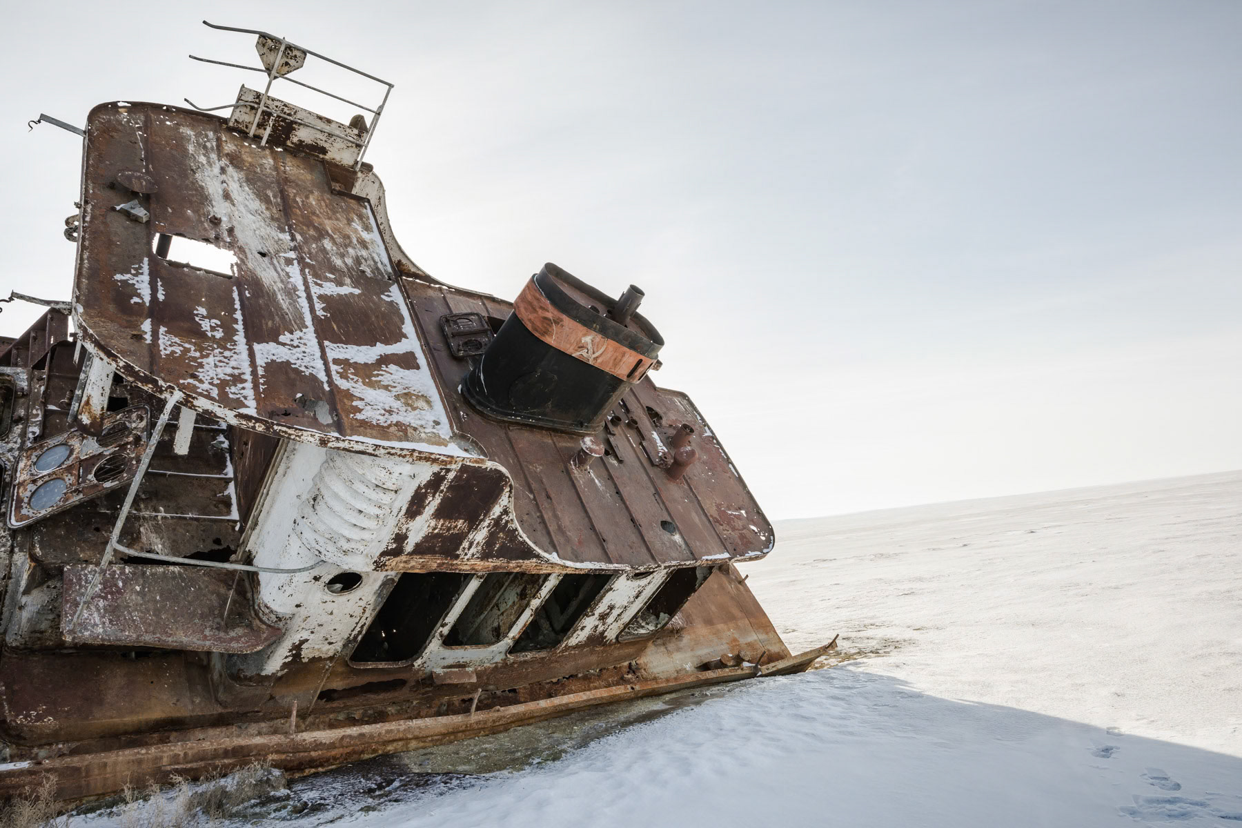 Stranded shipwreck in the Aral Sea, Kazakhstan, January 2019