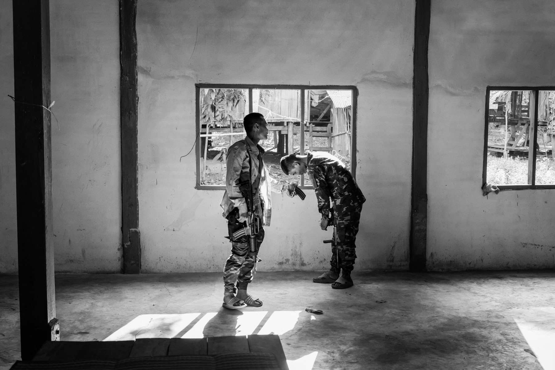 Soldiers of People Defense Forces (PDF) operating in Kayin State along the Karen National Union (KNU)/Karen National Liberation Army (KNLA). Myanmar, January 2024