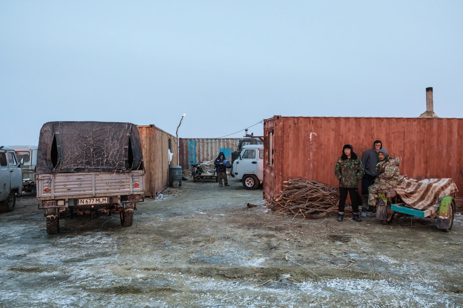 A fishermen base camp on the Aral Sea. Fishermen from surrounding villages and further away would come here and stay for about 3 months to do ice fishing on the Sea. Kazakhstan, January 2019