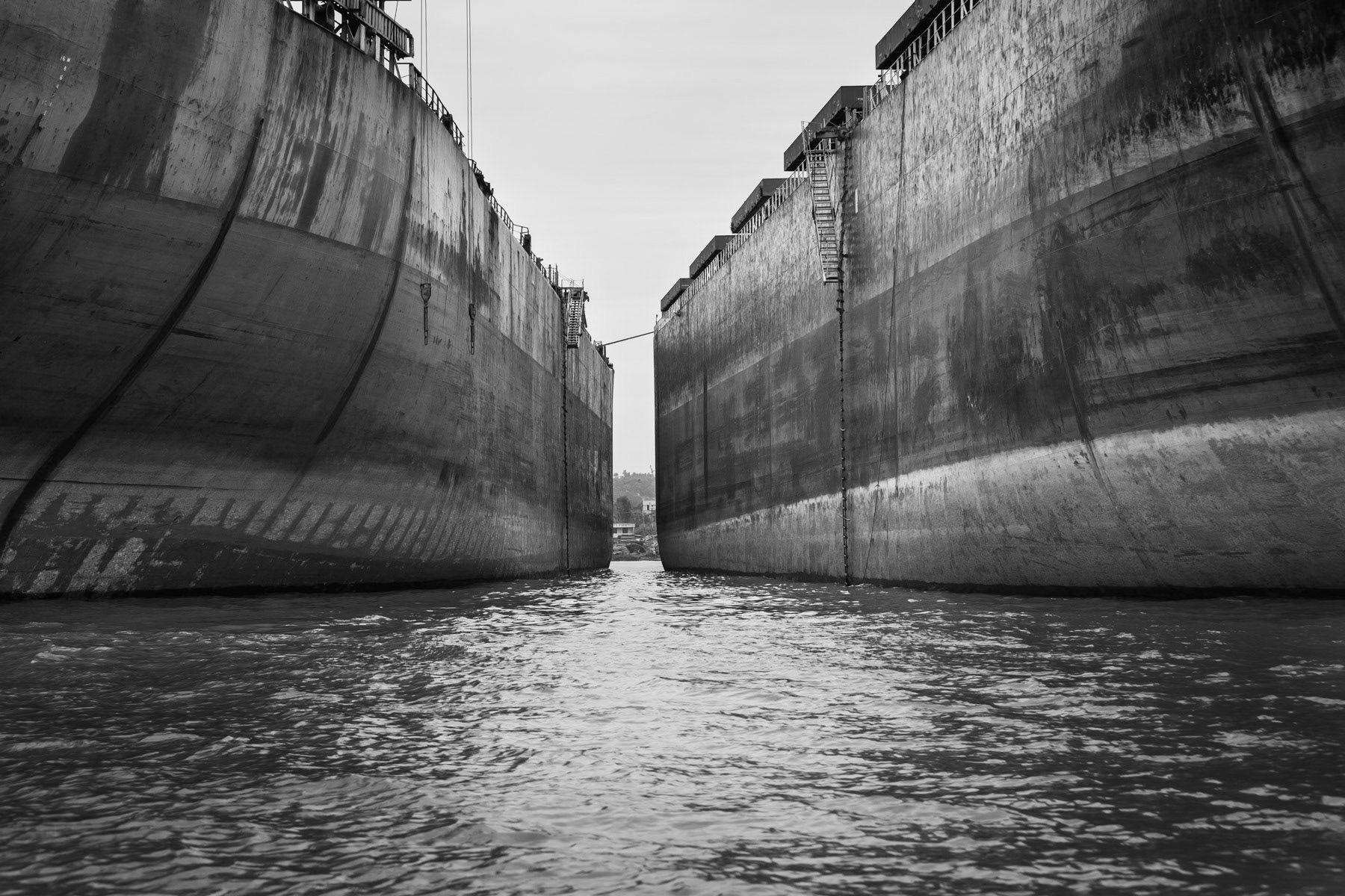 Remains of the hull before being cut in pieces. Most ship equipment has already been dismantled before the final disassemble. Bhatiary ship breaking yards, Bangladesh, October 2014