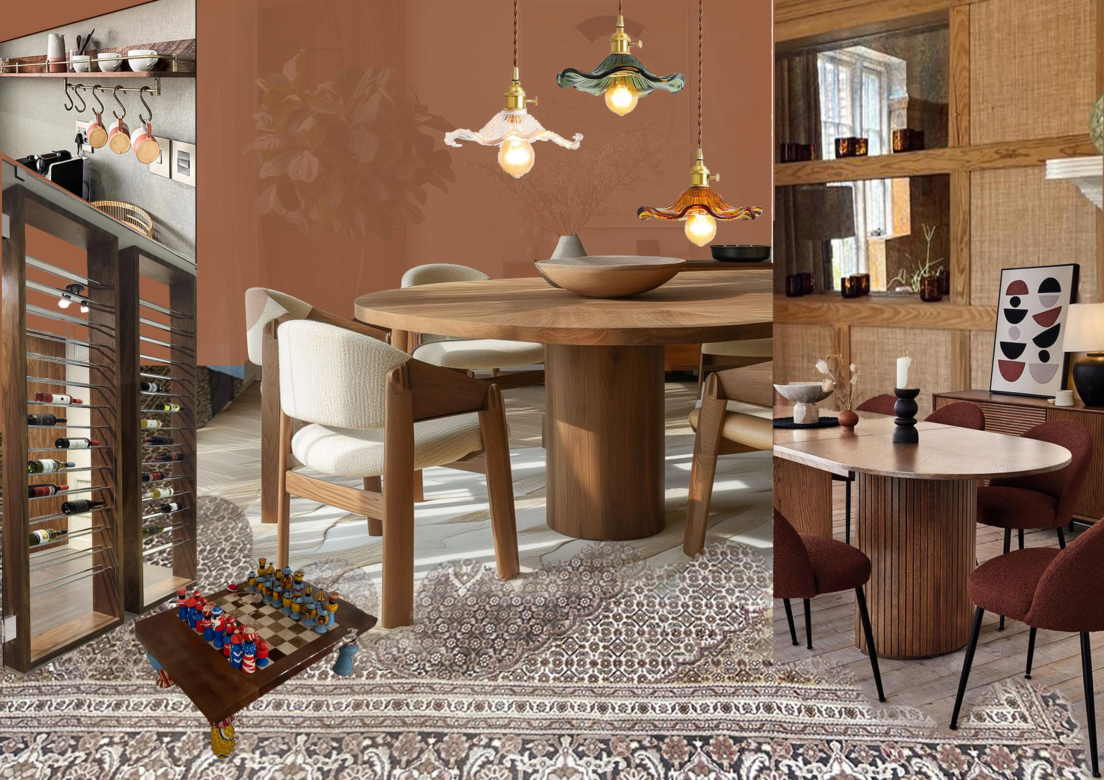 Rich browns and warm tones for a round dinning room 