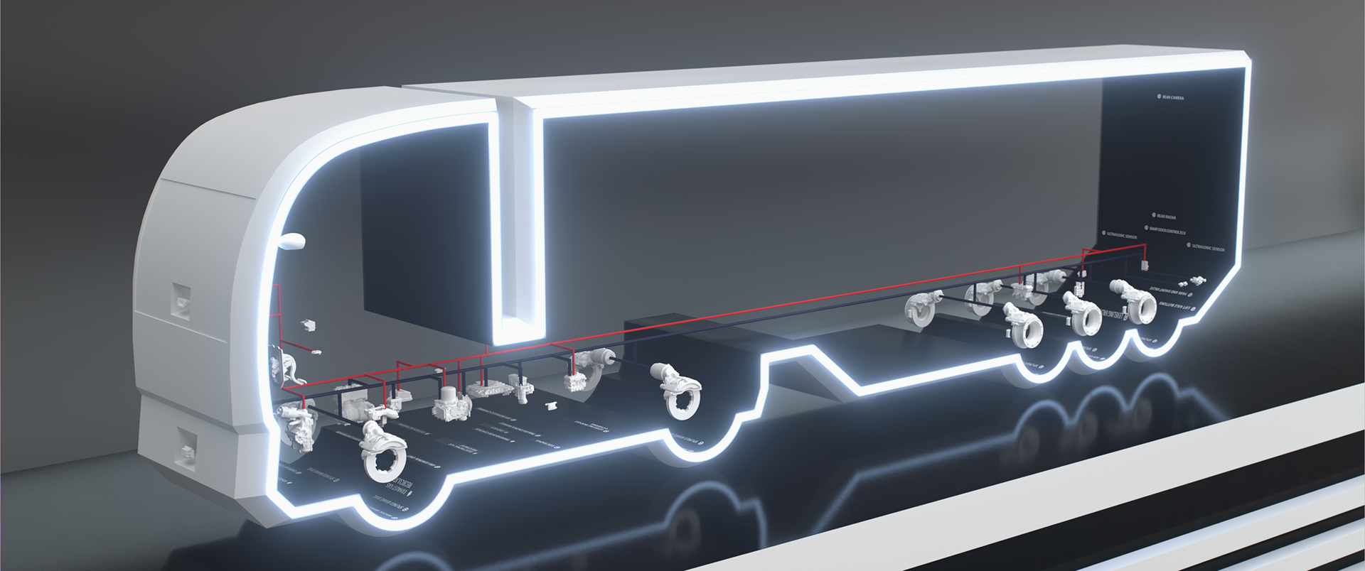 Knorr Bremse 3D Visualisation of commercial vehicles, later built in 1:10, parts: 3D printed, outline: milled (part of the planning process, visualisation, creating print-ready .stl files)