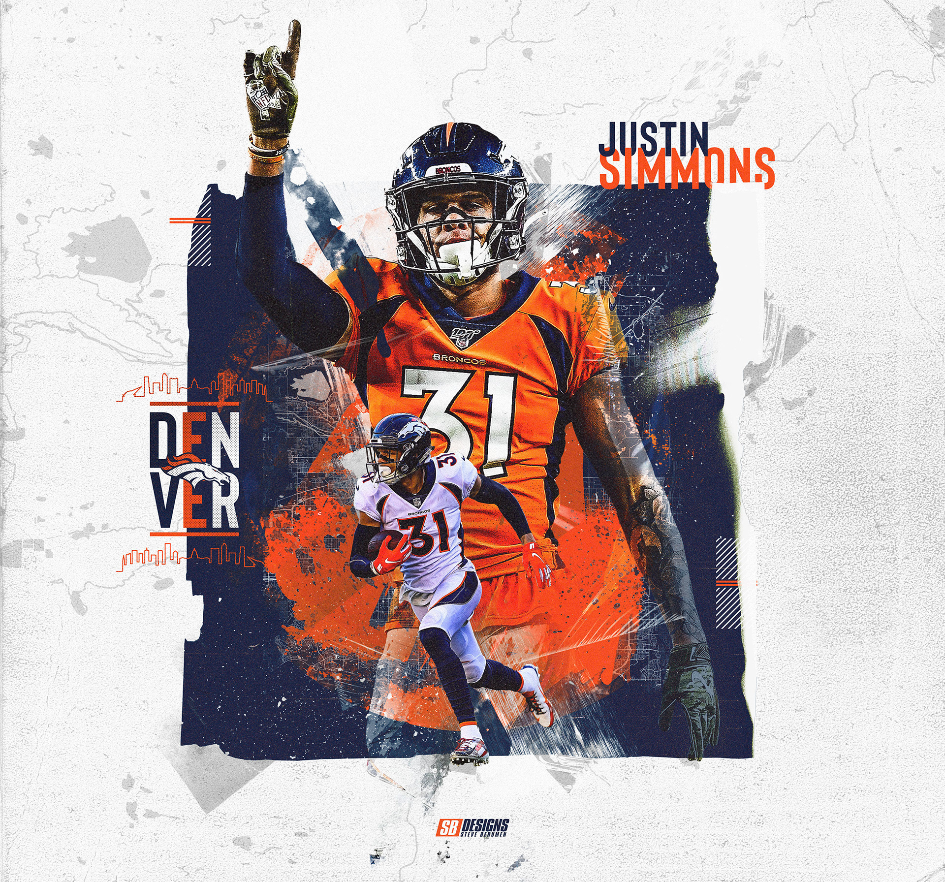 Justin Simmons DENVER BRONCOS STROKES PIXEL ART 2 Poster by Joe