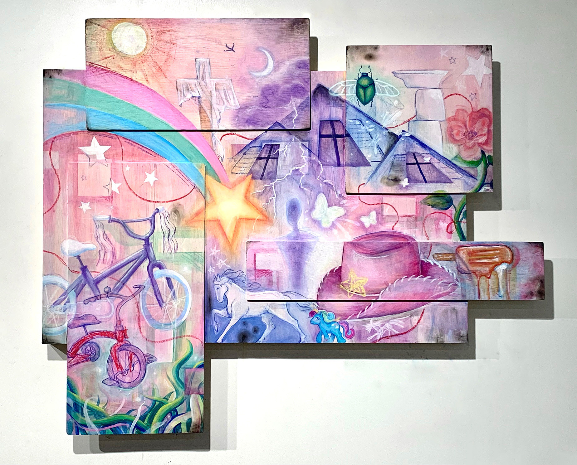 "You Are My Sunshine", 2024, 33" x 40", acrylic, pastel, and pencil on wood panel