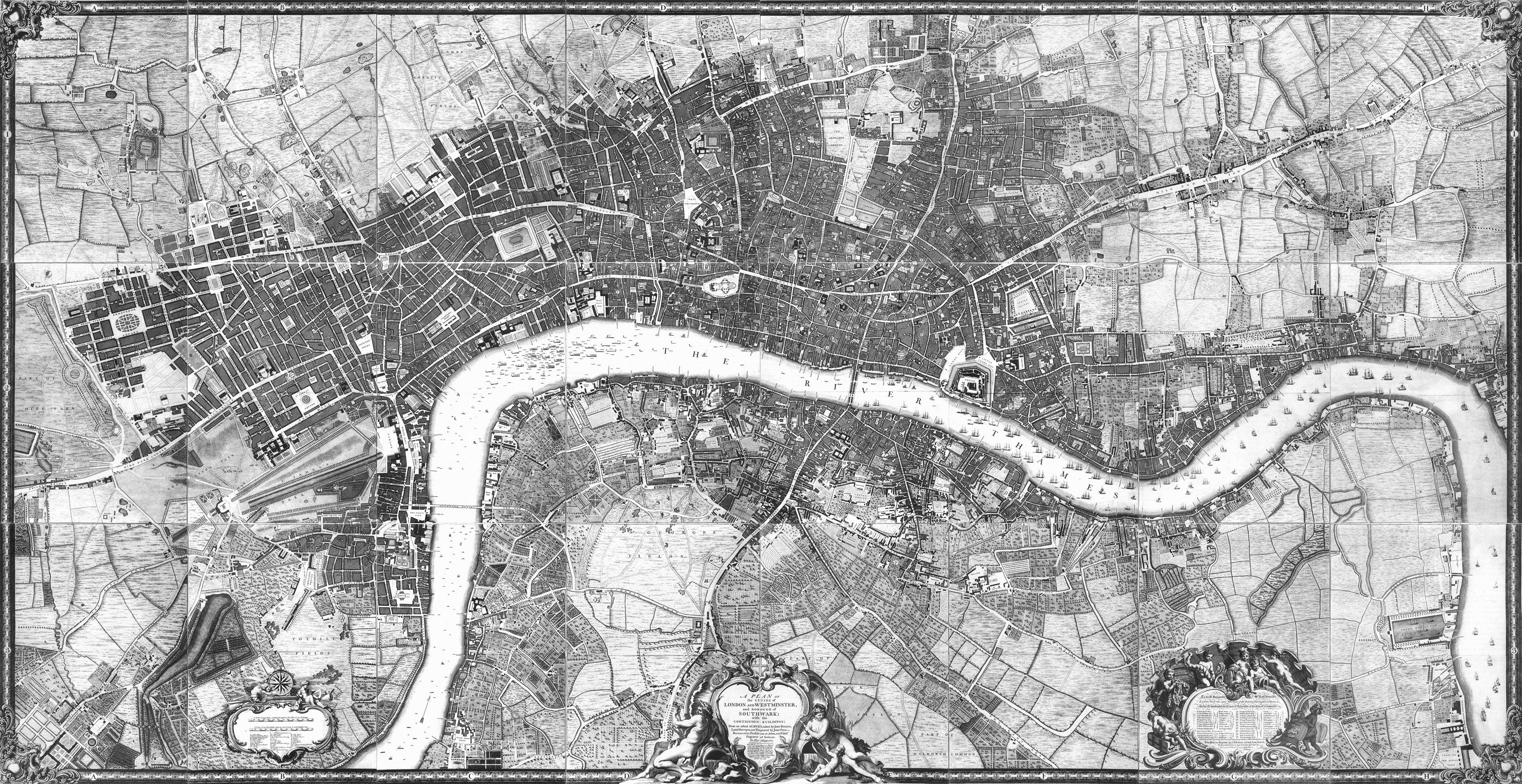 The John Rocque 1746 map of London, with annotations, for a book on Samuel Falk